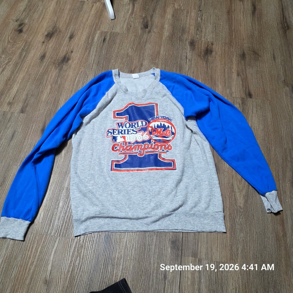 Vintage 1986 New York Mets World Series Champions Sweatshirt Gray Blue Large